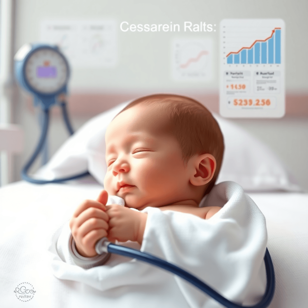 Cesarean Is Not Good Health Of Mother and Child 5 एक नवजात शिशु का अस्पताल में चित्र, जिसमें स्वास्थ्य जोखिमों के प्रतीक जैसे स्टेथोस्कोप और वृद्धि चार्ट हैं, सौम्य और देखभाल भरे माहौल में।