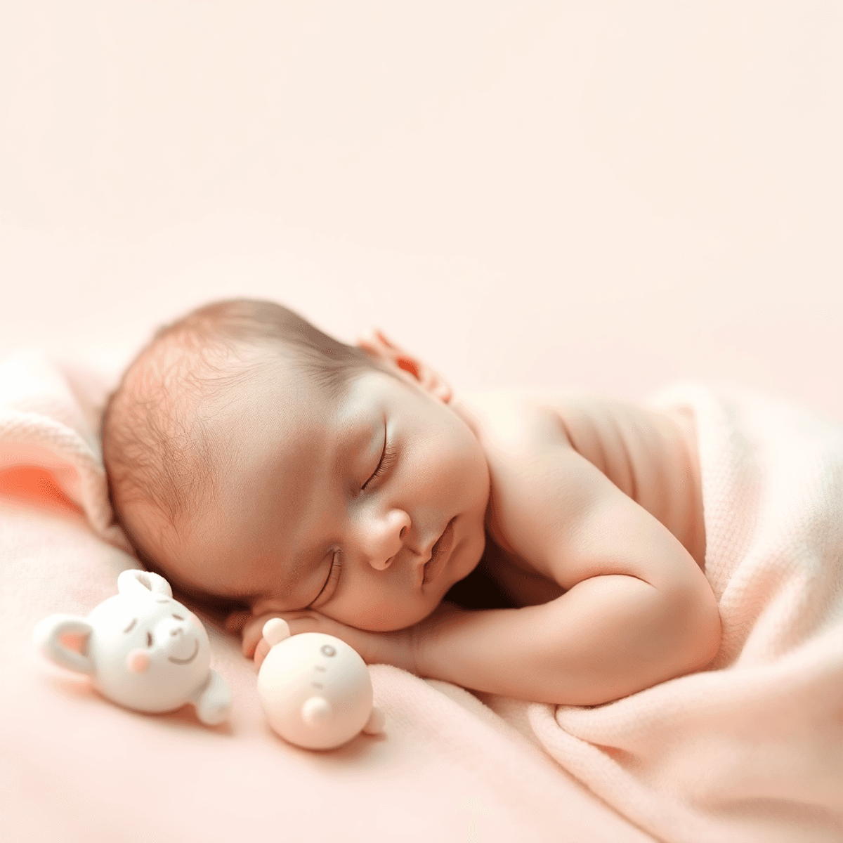 Cesarean Is Not Good Health Of Mother and Child 4 एक नन्हे बच्चे की शांतिपूर्ण तस्वीर, जो नरम पेस्टल रंगों में सो रहा है, चारों ओर मुलायम खिलौने और आरामदायक कंबल के साथ।