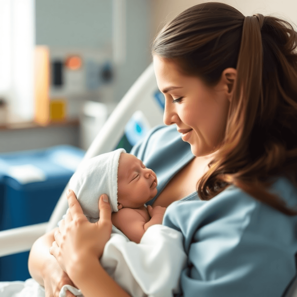 Cesarean Is Not Good Health Of Mother and Child 2 एक अस्पताल के माहौल में माँ अपने नवजात शिशु को गोद में लिए हुए हैं, जो स्नेह और देखभाल का अहसास कराता है। हल्की रोशनी और नरम रंगों के साथ।