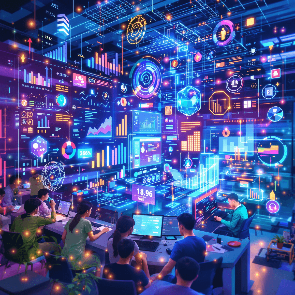 Sebuah ruang kerja digital yang cerah dengan grafik holografik, aliran data yang bersinar, dan sekelompok profesional muda yang berkolaborasi di sekitar komputer.