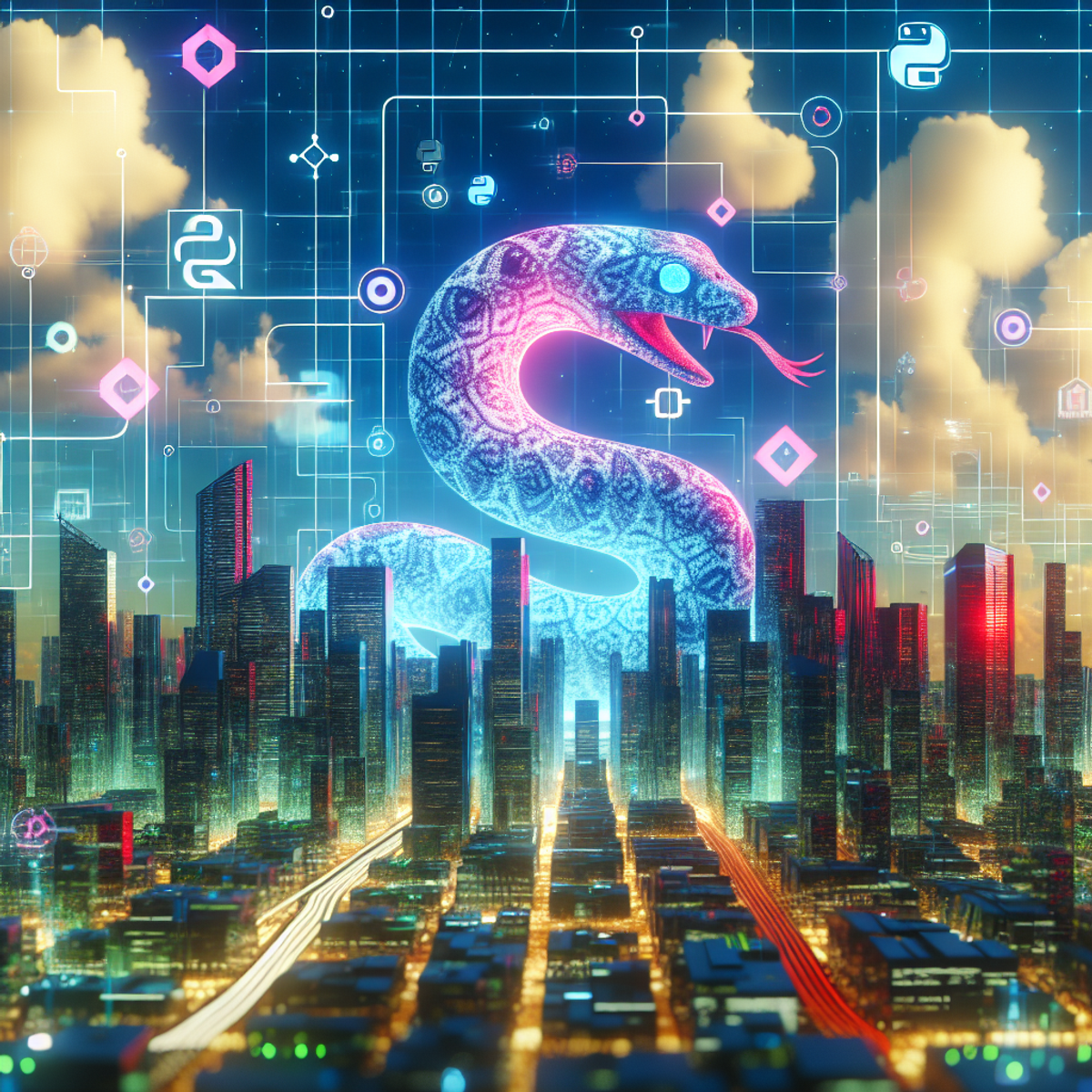 A futuristic cityscape with towering skyscrapers, holographic billboards, and sleek, self-driving vehicles. The skyline is illuminated by neon lights and the city pulsates with energy. In the foreground, a stylized snake winds its way through the city, symbolizing Python programming language integration. Throughout the scene, visual symbols of machine learning algorithms and blockchain technology are subtly integrated into the architecture and infrastructure.