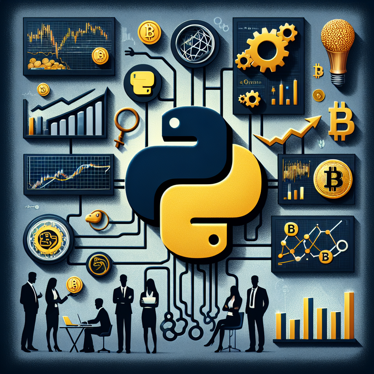 A stylized snake representing Python coding, gears and cogs symbolizing the technological process involved in creating banking and trading software, bar charts and line graphs signifying stock analysis and trading strategies, bitcoin coins and digital screens implying cryptocurrency analysis. Around these symbols, illustrate people of various races and genders showing diverse representation in the industry.