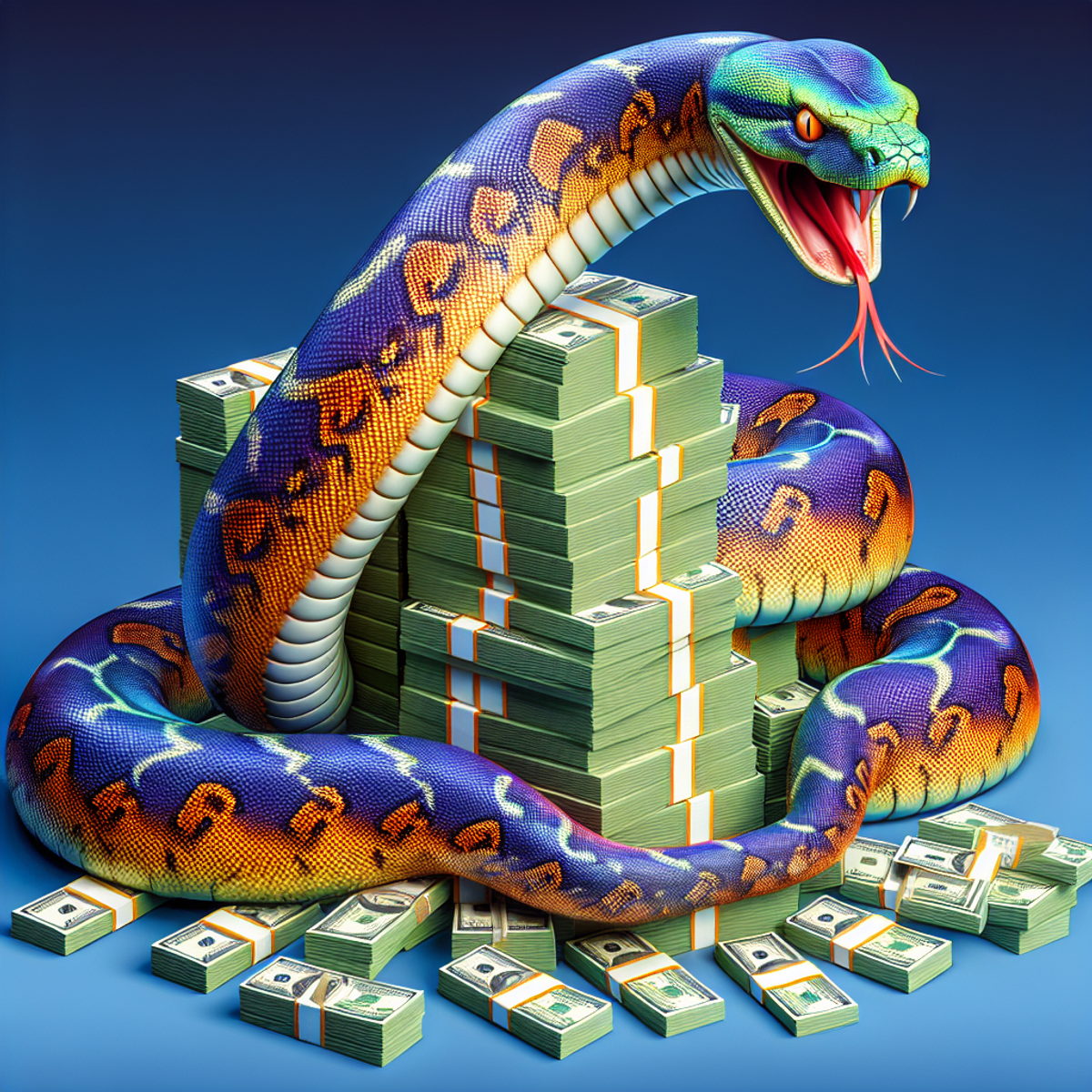 A large python snake coiled around a towering stack of dollar bills.