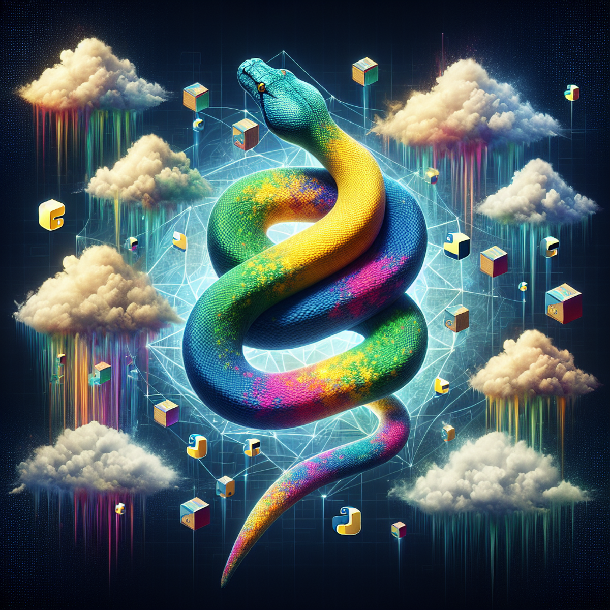 A python snake intertwined with blockchain blocks, fluffy clouds representing cloud computing, and data charts symbolizing big data in finance.