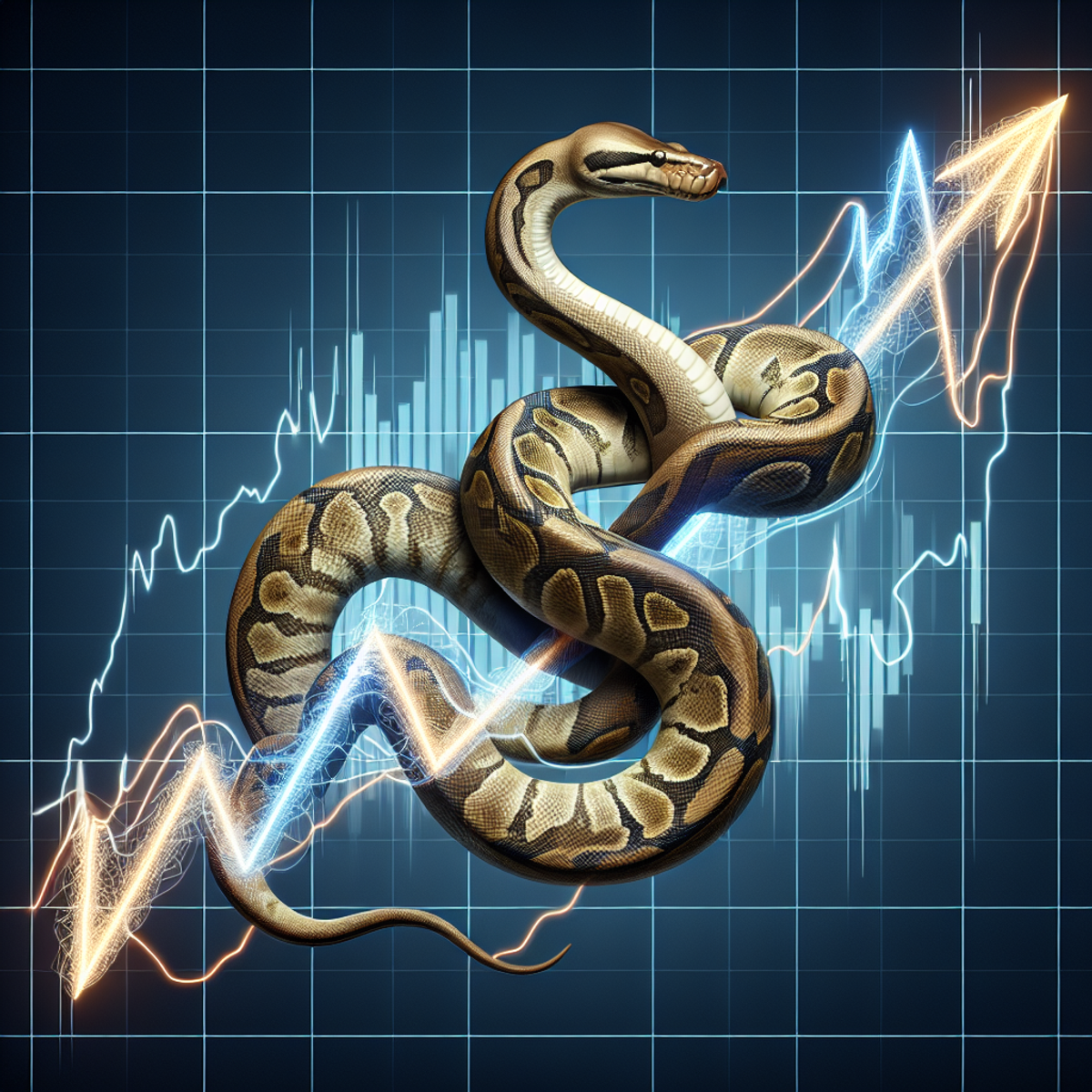 A python snake curled around an abstract stock market line graph.