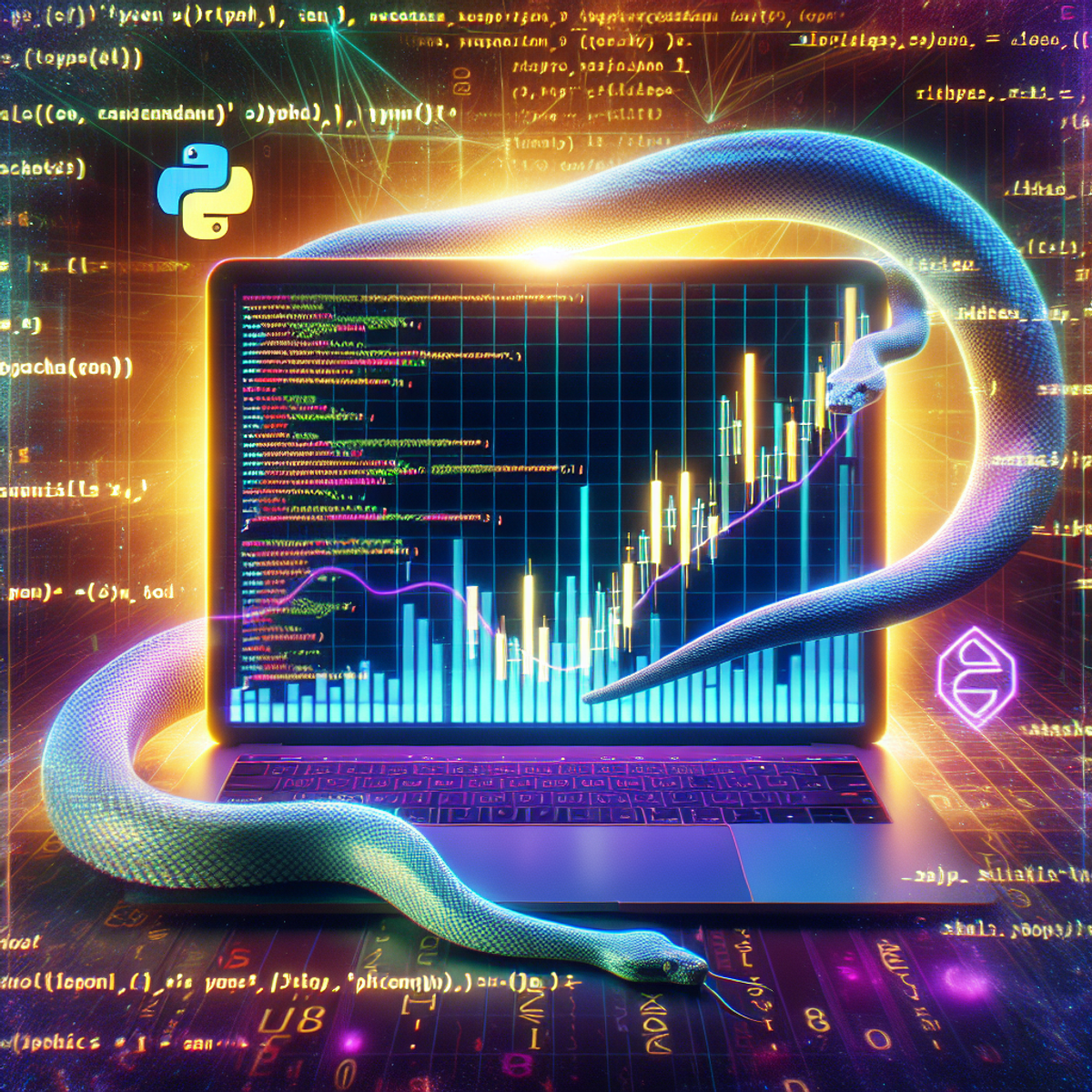 A computer screen showing cryptocurrency market trends and Python programming symbols.