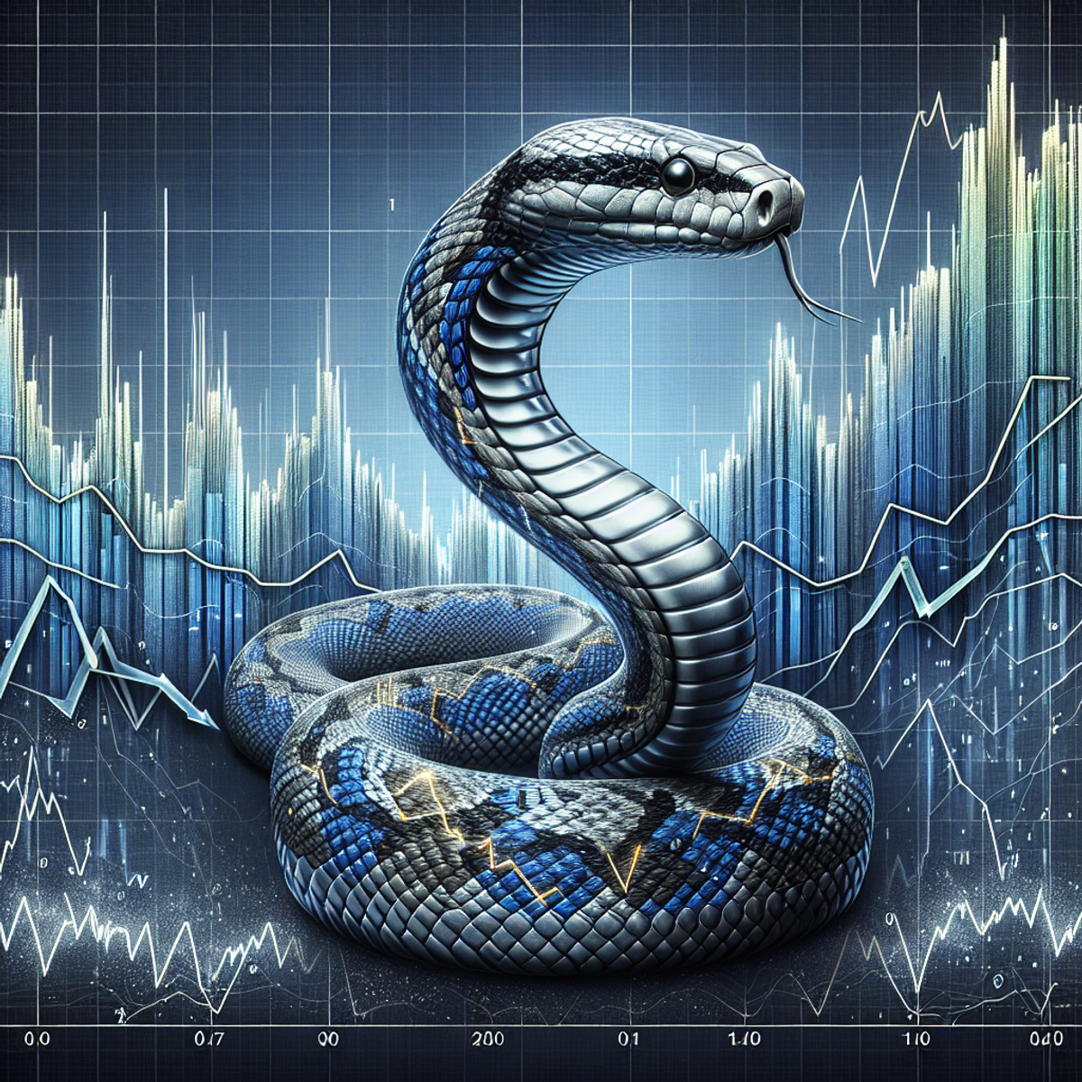 A snake with scales made of binary code coils around a vibrant stock market line graph, symbolizing the fusion of nature and technology in Python programming for advanced risk management.