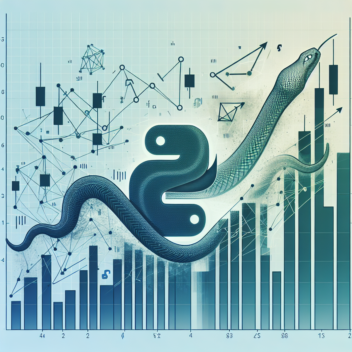 A vibrant and dynamic stock market chart with arrows, bars, and Python programming motifs intertwined.