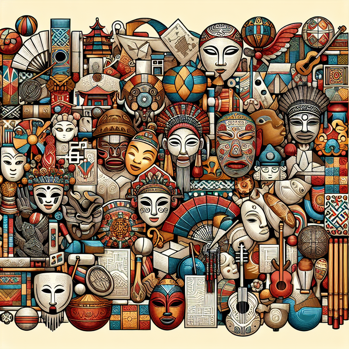 A diverse collage of cultural symbols and objects, including traditional masks, clothing, musical instruments, and architectural elements from various global cultures.