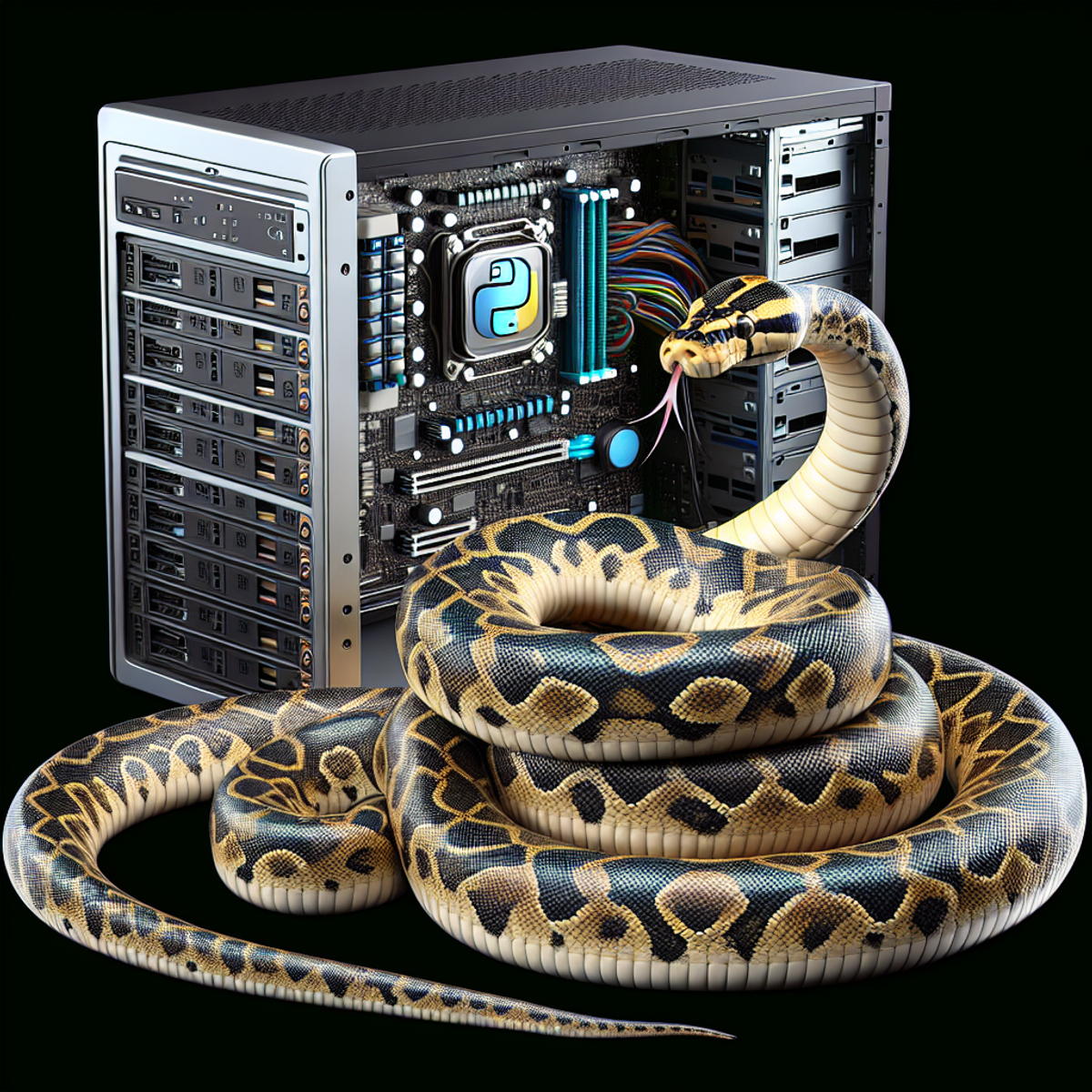 A python snake coiled around a computer system.