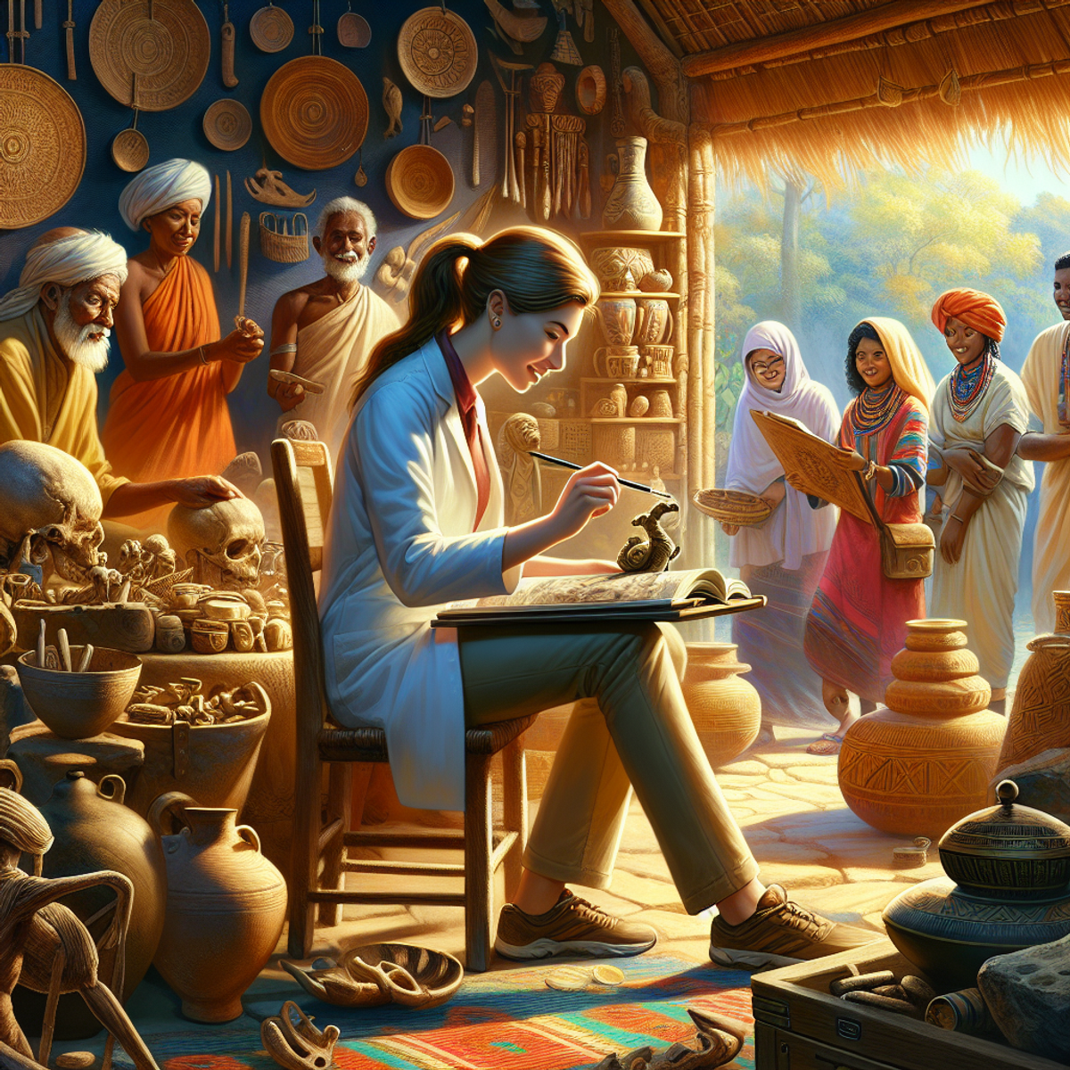 [Image description: A Caucasian female anthropologist is immersed in her research, surrounded by ancient artifacts from different eras. She is interacting with a diverse group of people from the community, including a Middle-Eastern male elder sharing cultural wisdom, a Black female performing a traditional dance, a Hispanic boy playing a local instrument, and a South Asian woman preparing traditional food. The scene is realistic with rich details, vibrant colors, and depth-enhancing shadows.]