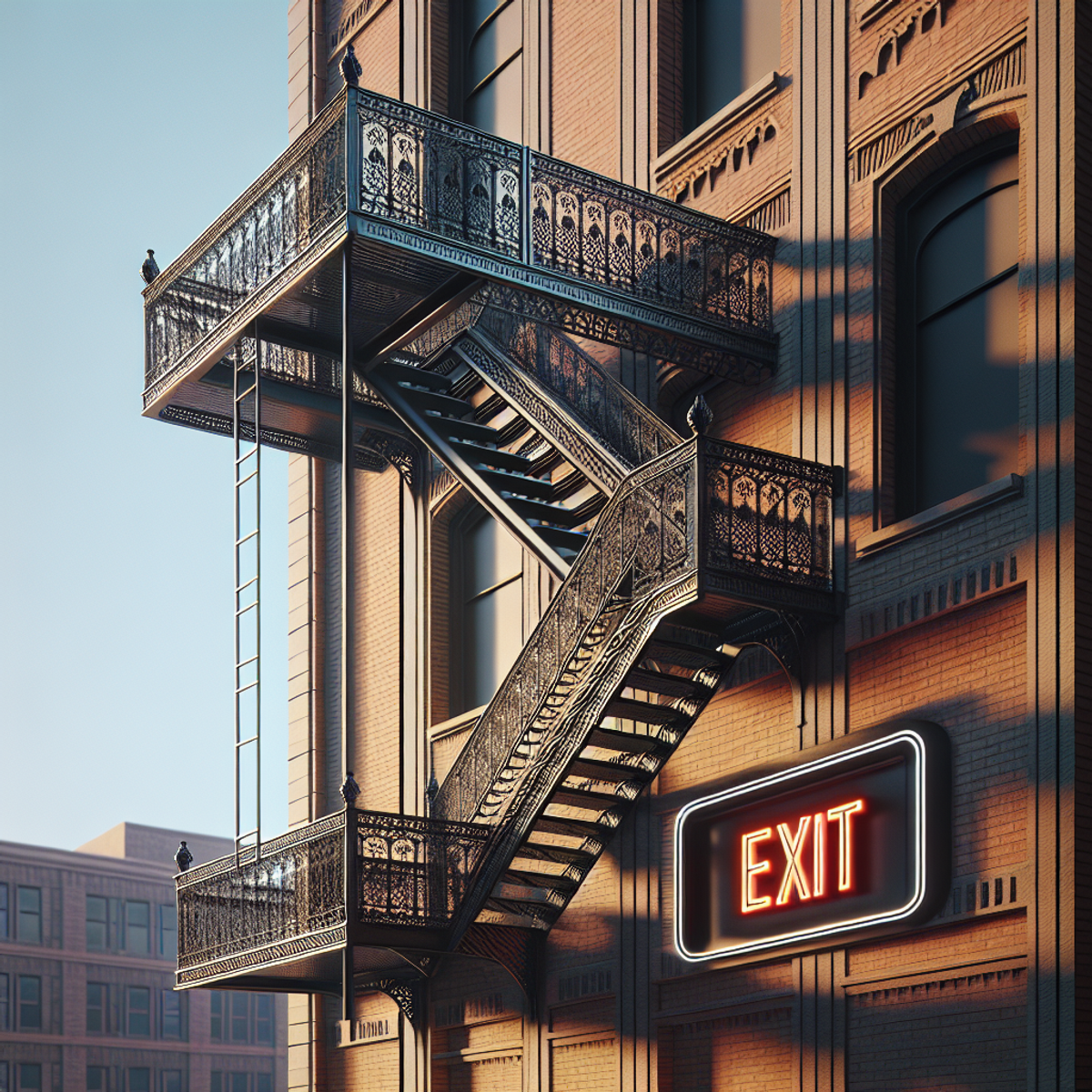 A robust iron fire escape staircase attached to a brick building, intricately designed and bathed in sunlight with a glowing red exit sign at the top.
