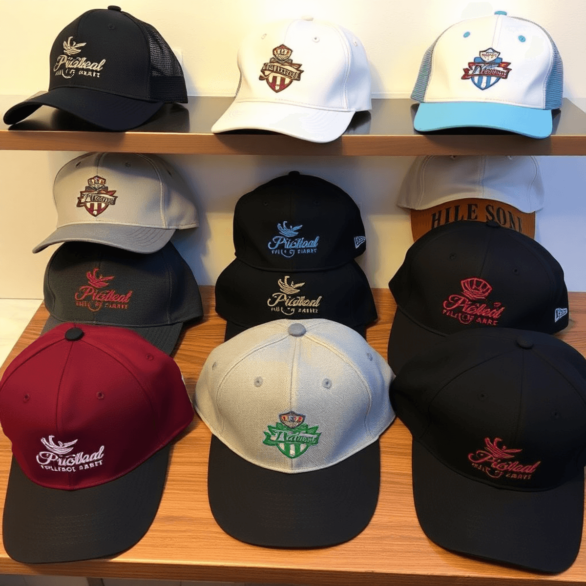 An array of custom hats showcasing high quality embroidery designs