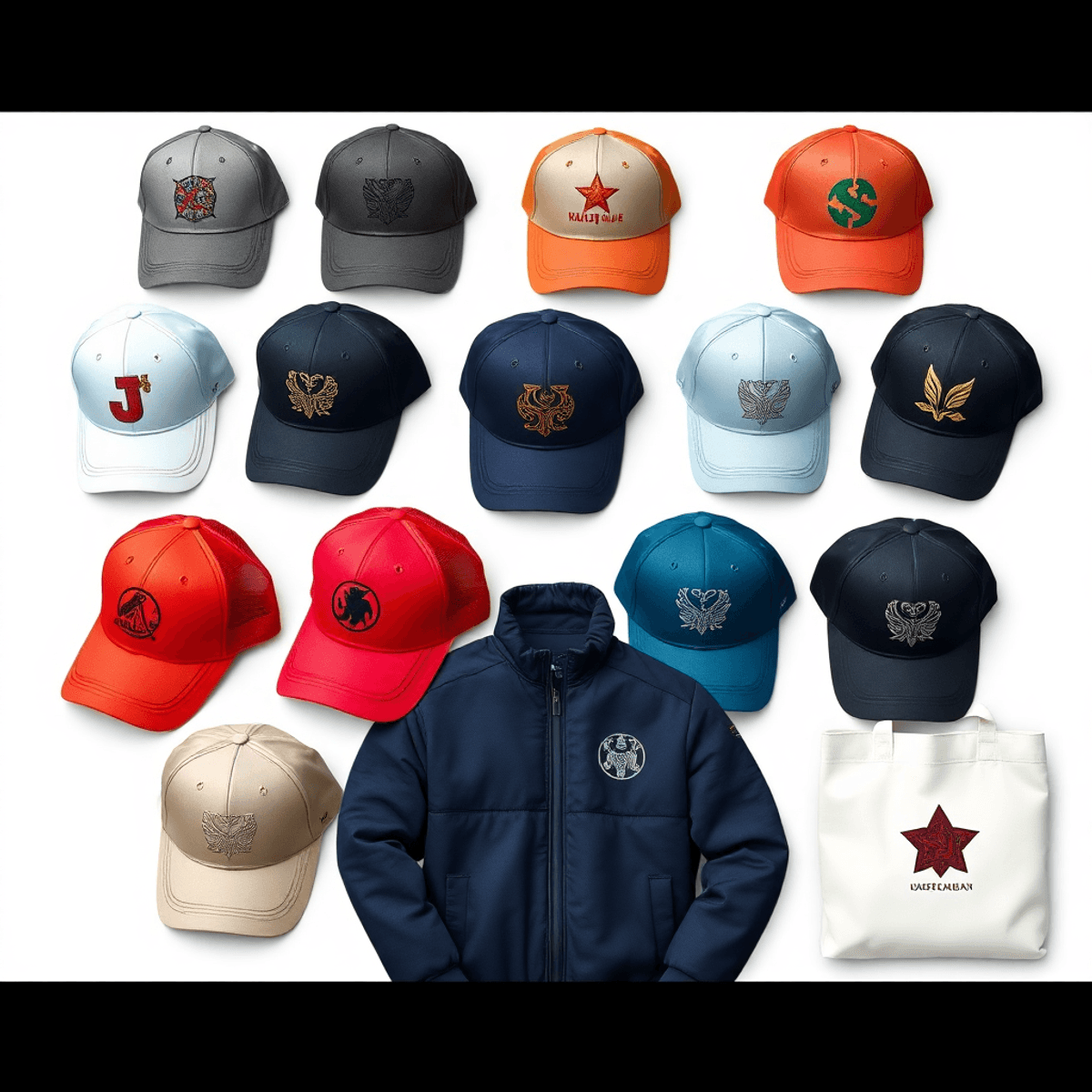 An array of custom embroidered jacket with custom hats surrounding it and a custom tote bag