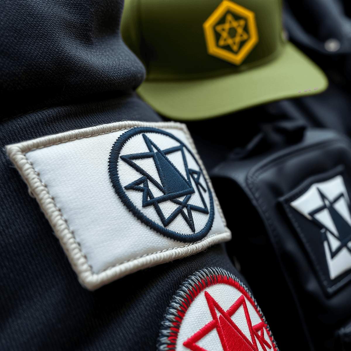 Close-up photograph of embroidered logo patches featuring abstract geometric shapes on hoodies, hats, jackets, and backpacks, showcasing textured fabric details, natural lighting, shallow depth of field, high resolution, realistic style