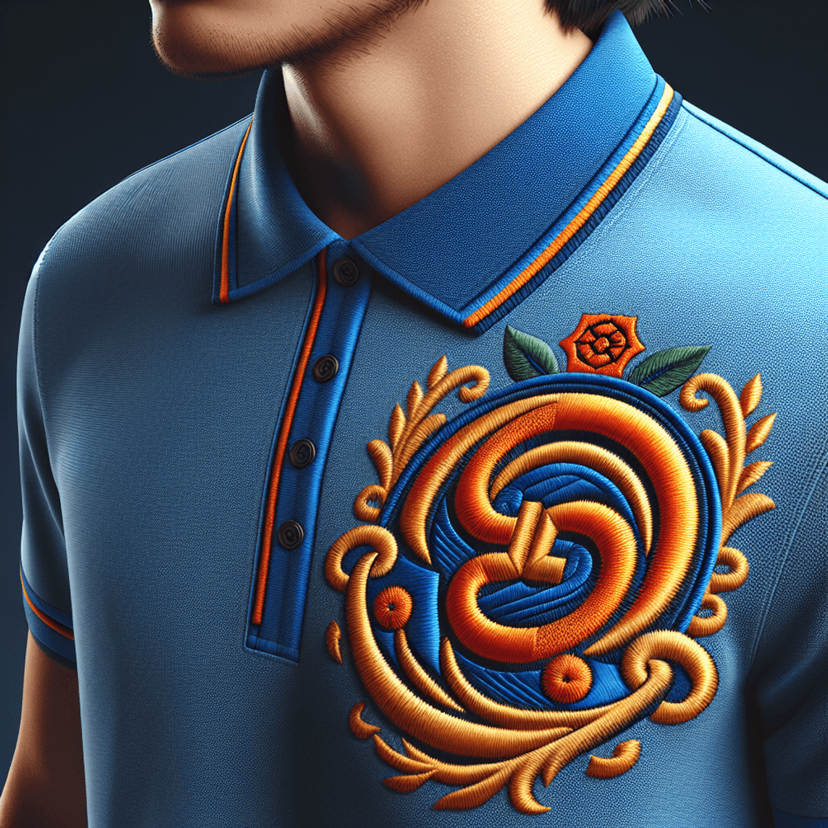 A person wearing a custom embroidered polo shirt with a vibrant and eye-catching logo.