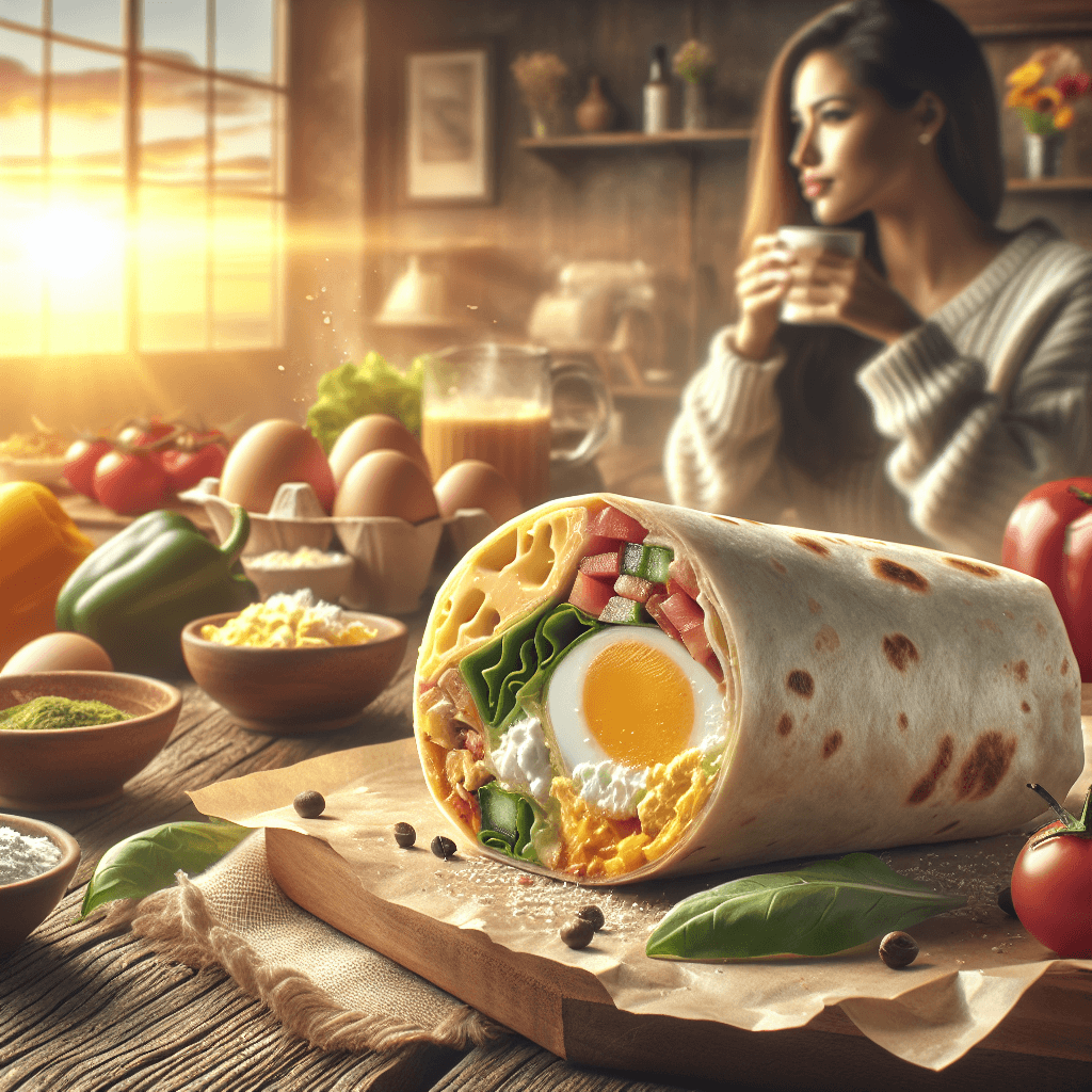 A sliced breakfast burrito showcasing a vibrant filling of eggs, cheese, and fresh vegetables, resting on a rustic wooden table with scattered ingredients around it; in the background, a Hispanic woman enjoys her morning coffee in a warm, inviting morning atmosphere.