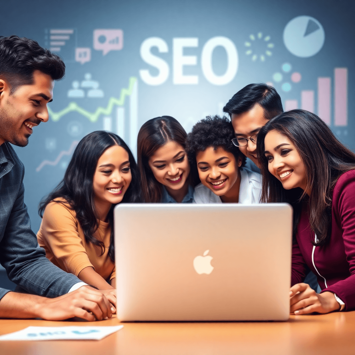 A diverse group of people collaborating around a laptop, discussing digital marketing strategies, with SEO elements like graphs and charts in the background.