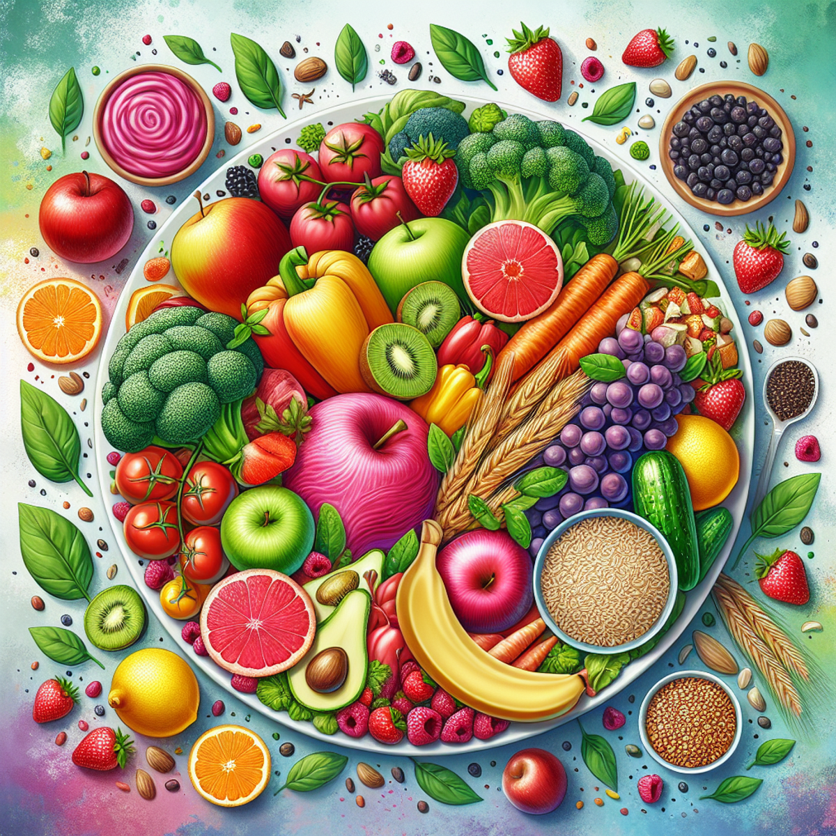 A plate filled with a variety of colorful fruits, vegetables, whole grains, and lean proteins.