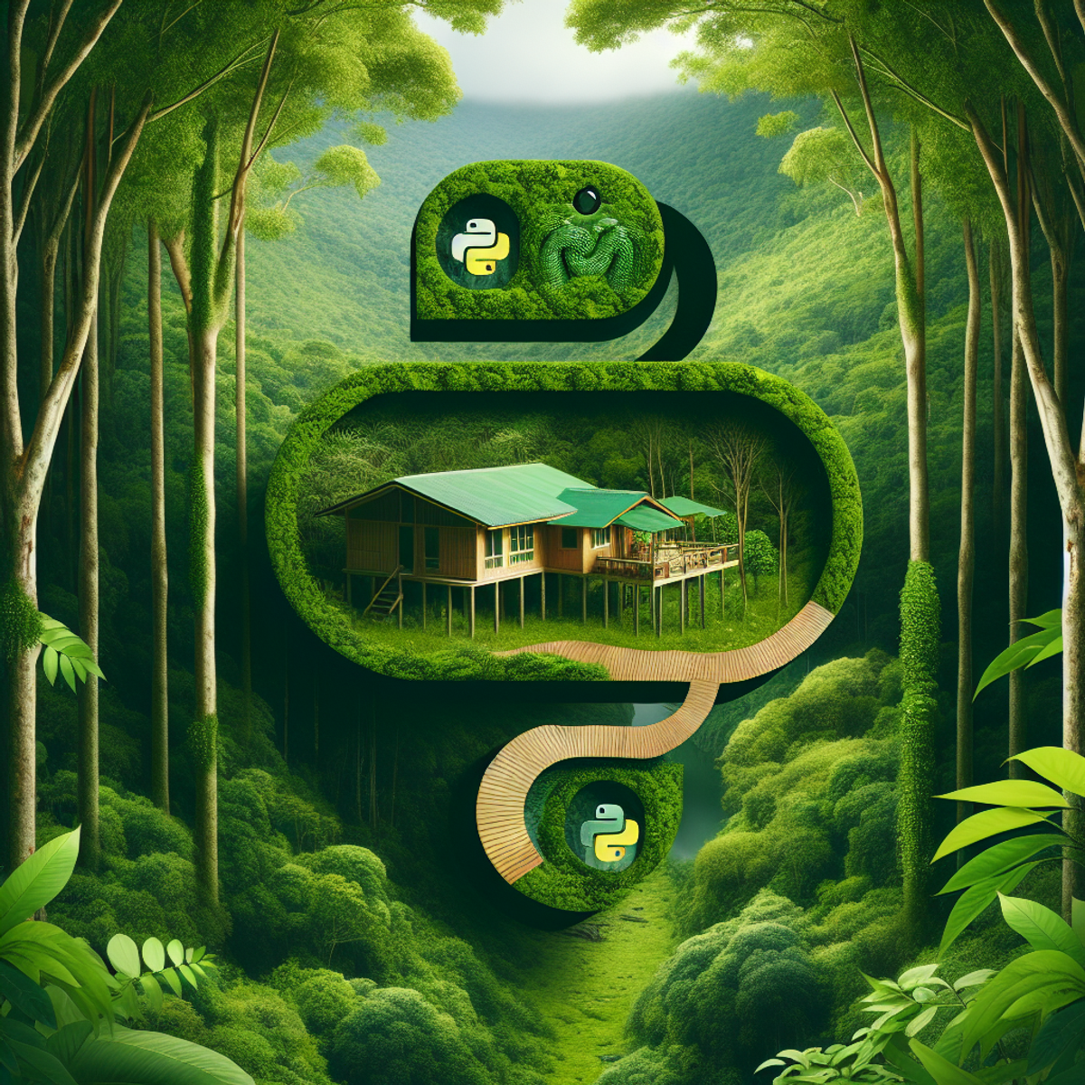 An image alt text: A lush forest with a small eco-lodge nestled among the greenery, featuring subtle Python programming symbols like a coiled snake etched in the wooden signage or a python-engraved trail.