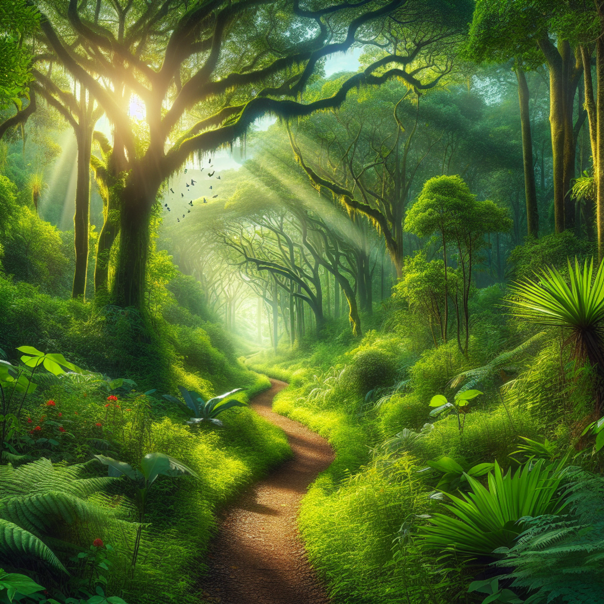 A serene forest with a winding hiking trail, lush green vegetation, and sunlight filtering through the trees.