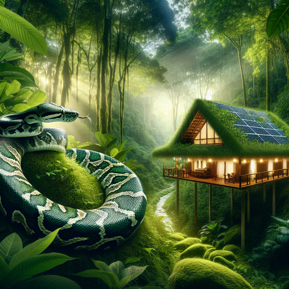 A python snake coiled around an eco-friendly lodge in a lush green forest.