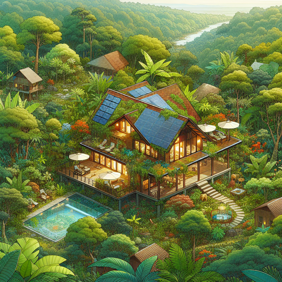 A cozy eco-friendly lodge nestled in a lush, green forest, surrounded by diverse flora and fauna. Solar panels on the roof, rainwater collection systems, and recycled building materials showcase its sustainable features.