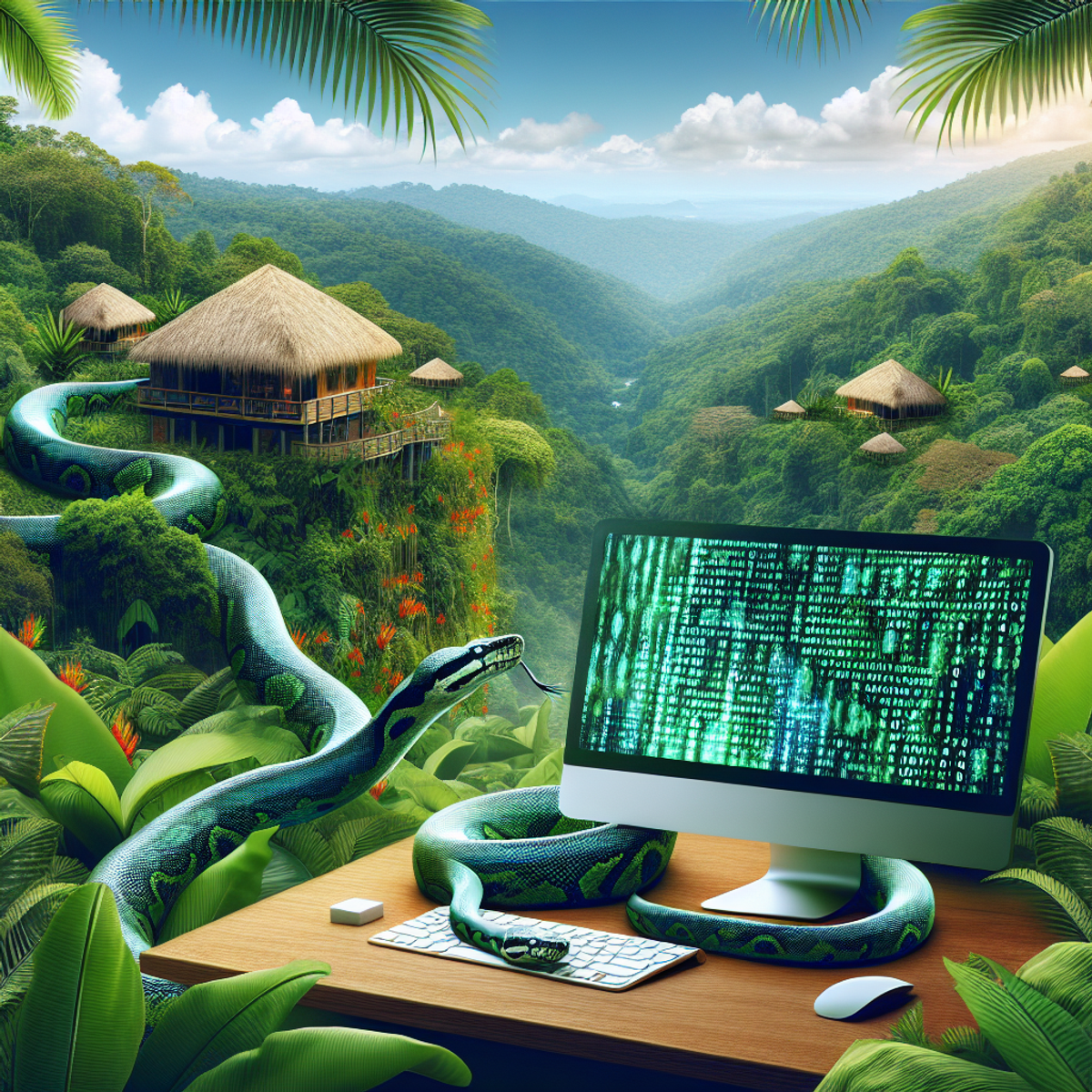 A picturesque eco-lodge nestled in a verdant rainforest with abundant vegetation, and a python gracefully winding around a symbolic icon representing coding on a computer monitor.