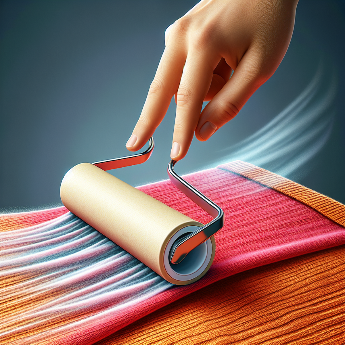 A hand holding a lint roller rolling across clean fabric capturing lint and debris.