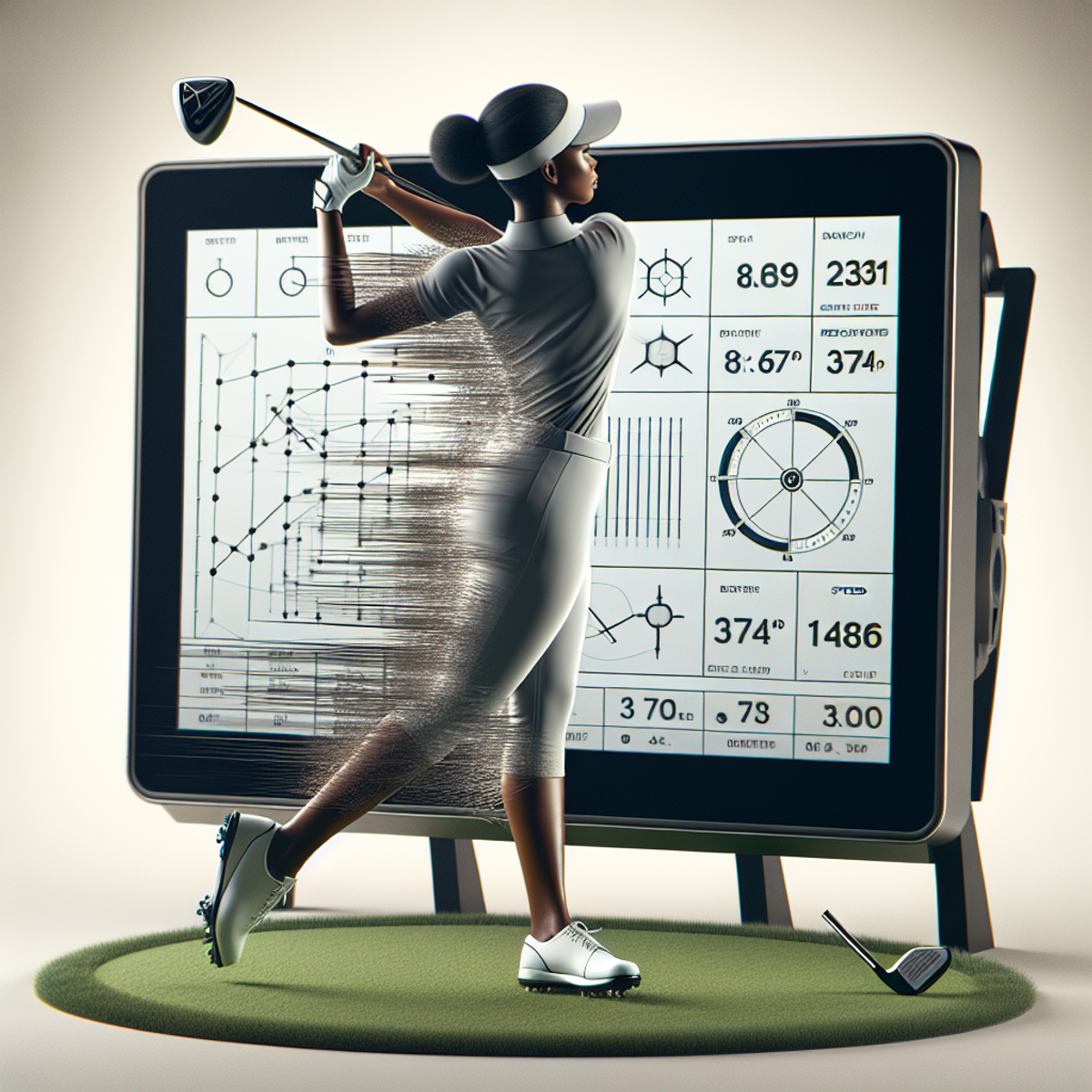 A woman of African descent swings a golf club, with a modern golf launch monitor in the foreground displaying complex data symbols.
