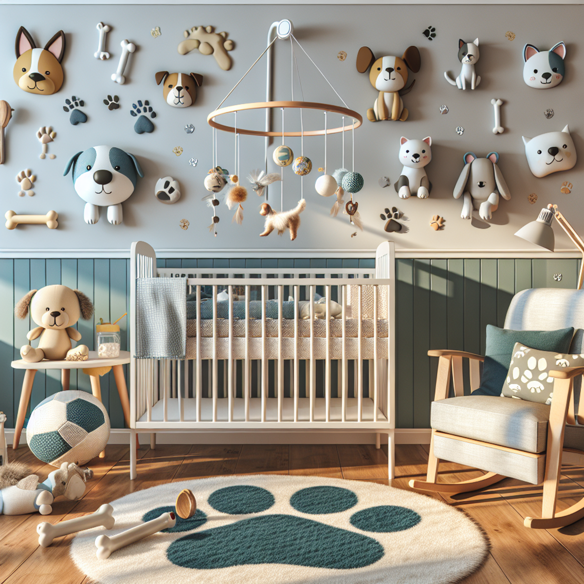 A nursery room with a mobile of pet toys above the crib, animal-shaped throw pillows on a rocking chair, wall decals of cartoon animals, and a plush rug in the shape of a paw print on the floor.