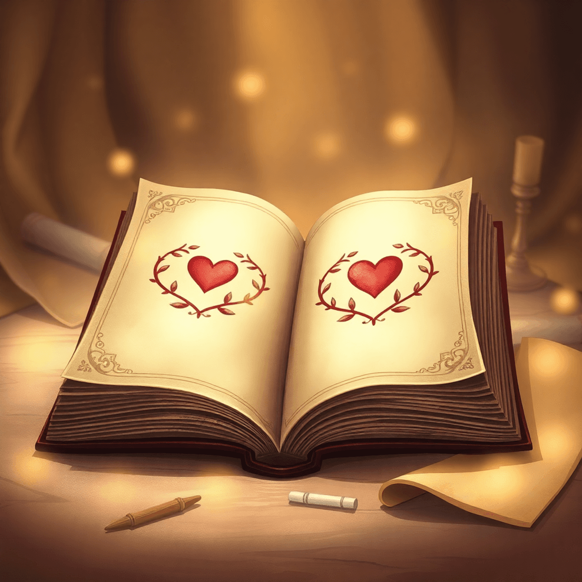 A vintage-inspired illustration of an open ancient book with delicate pages featuring love symbols, surrounded by soft glowing light and subtle ancient scrolls in the background.