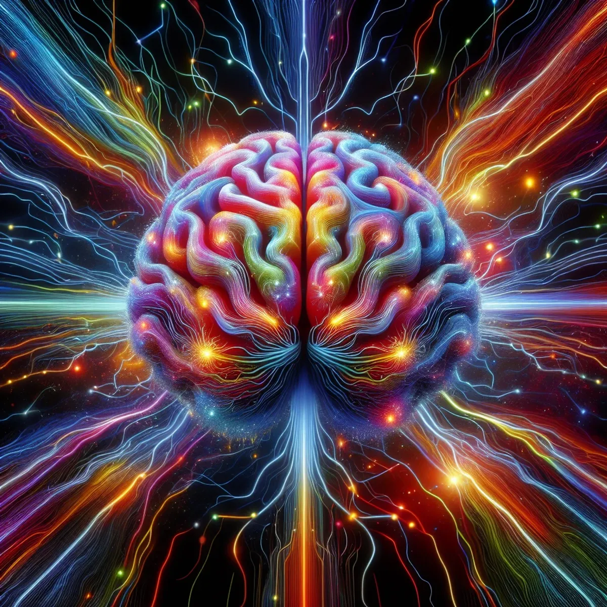 Vibrant and colorful brain filled with intricate networks of neurons radiating a spectrum of hues.