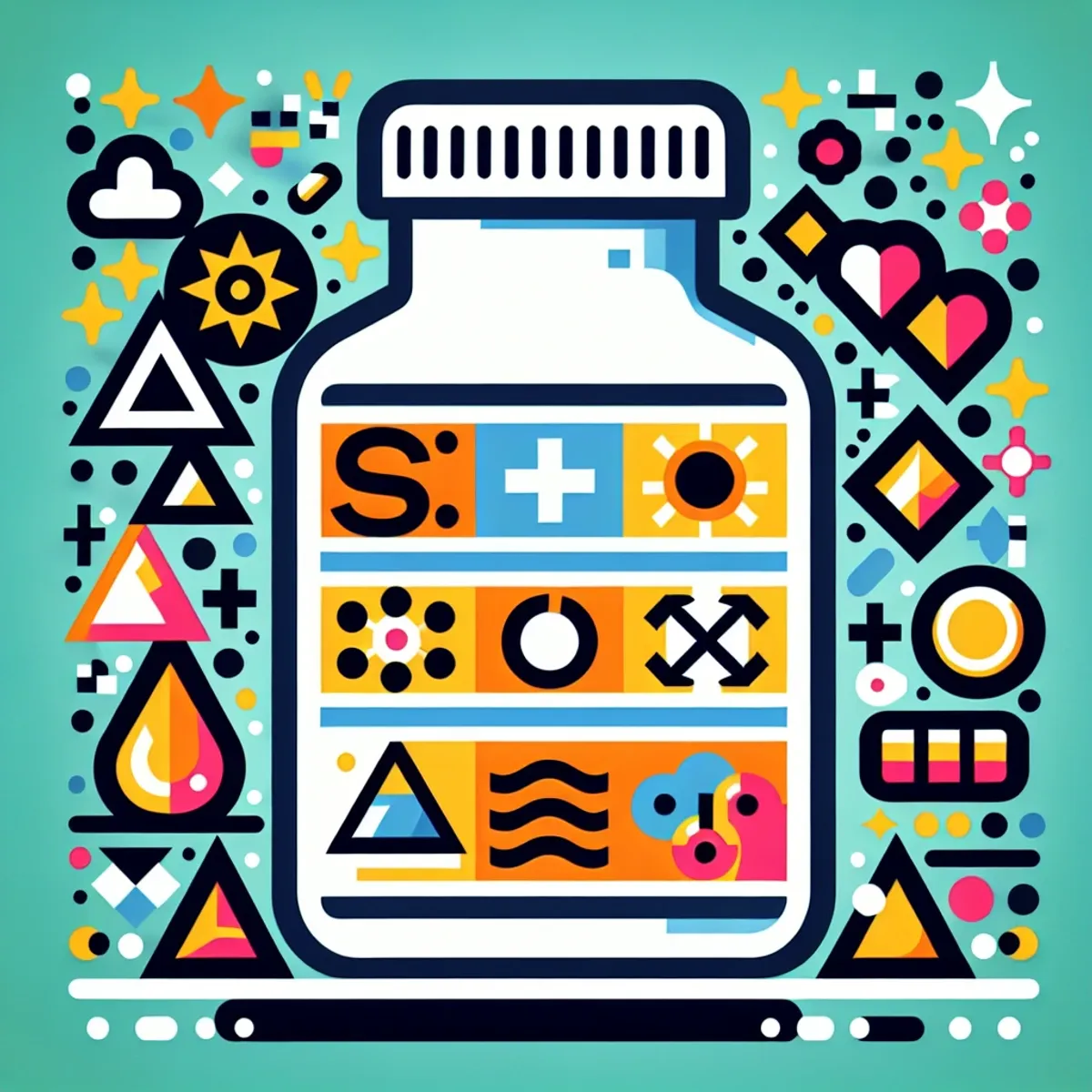 A pill bottle with symbols representing Tianeptine forms: a salt shaker for sodium, a sulfur symbol for sulfate, and a lemon for free acid.