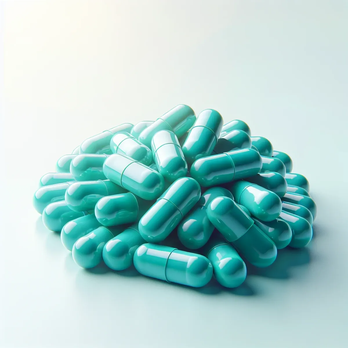 Fluorescent teal BPC-157 capsules on white background.