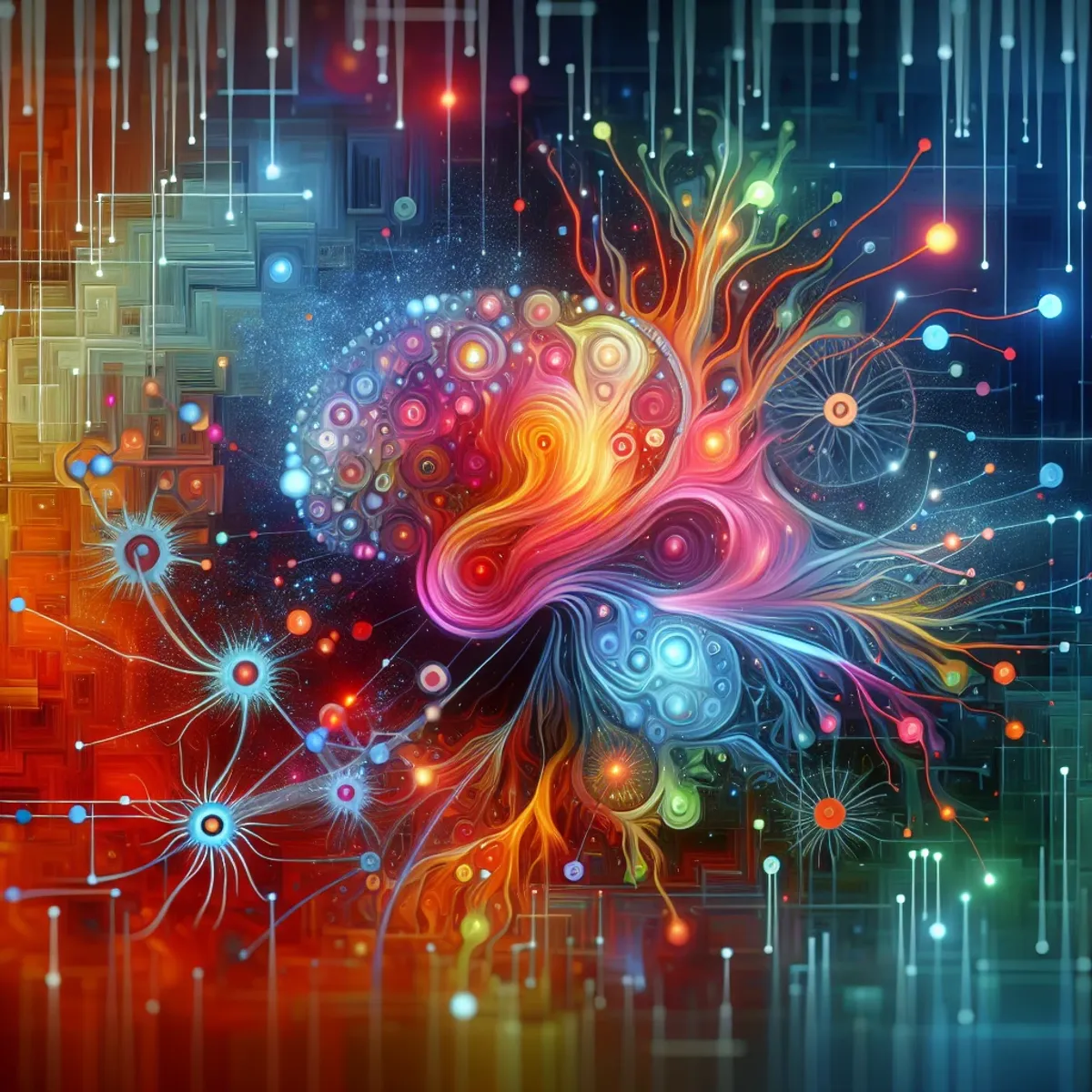 An abstract image of colorful interconnected lines resembling neurons, with vibrant bursts representing neurotransmitter interactions.