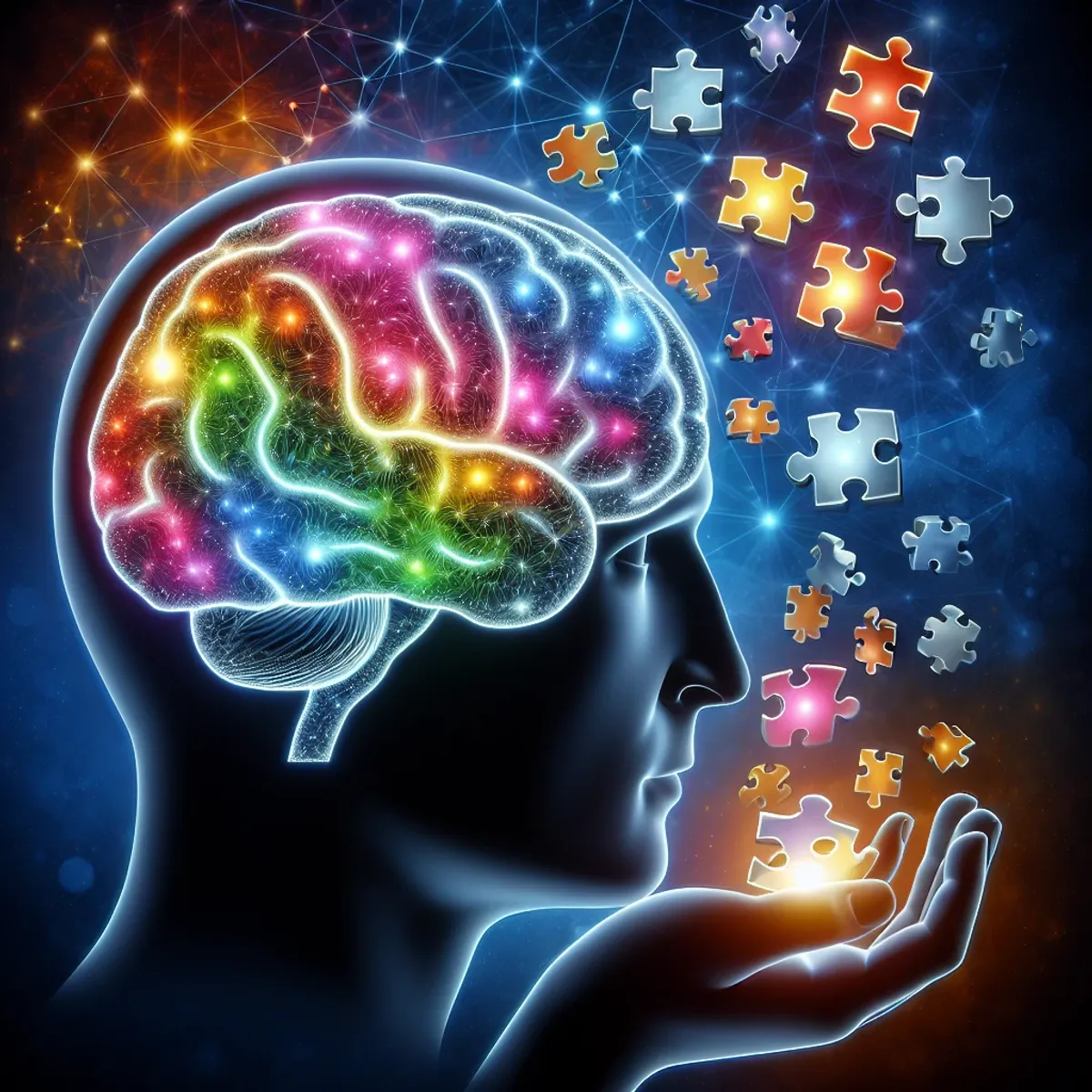 An image of a glowing brain being completed with floating puzzle pieces, symbolizing cognitive enhancement and memory improvement.
