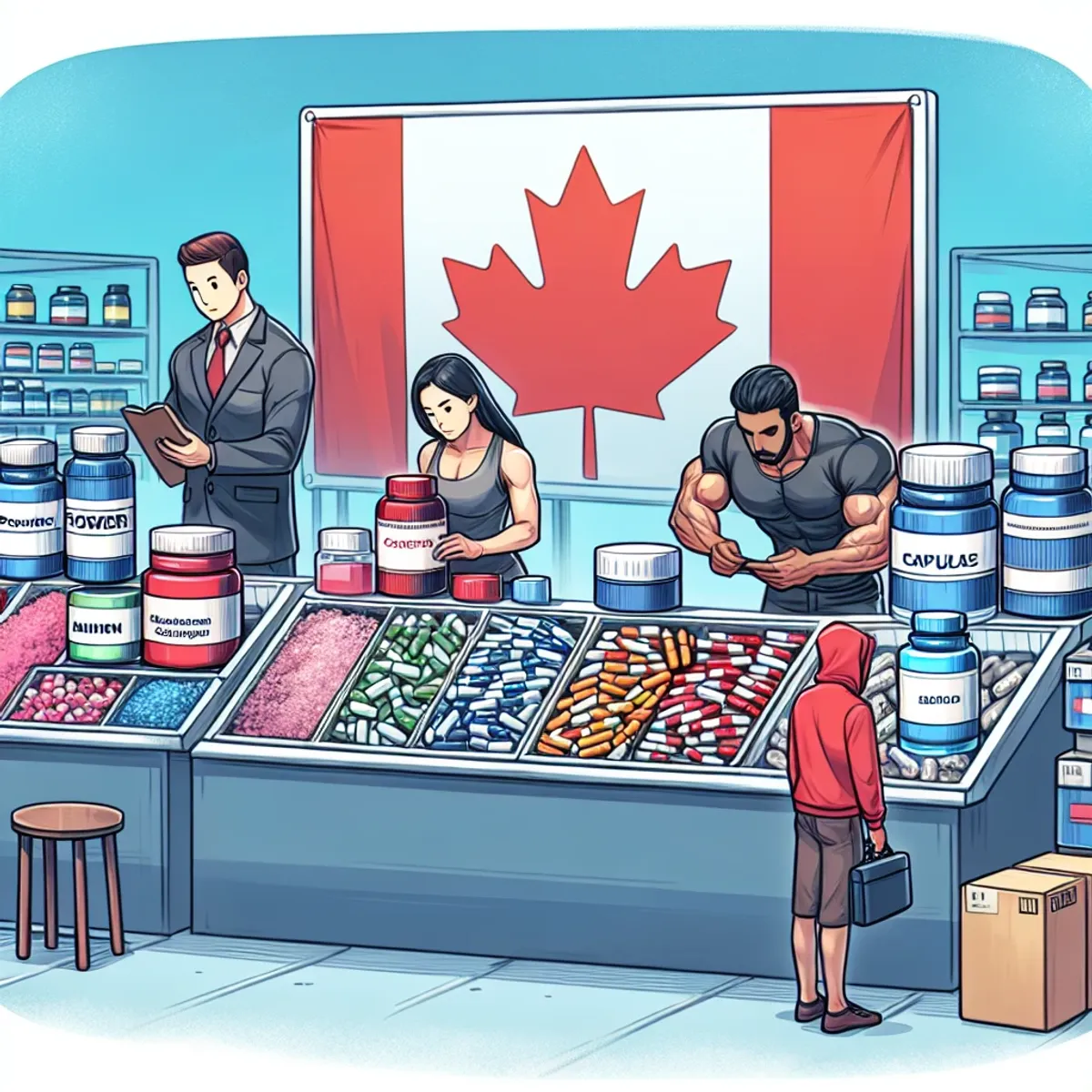 A woman and a man inspecting SARMs products at a marketplace booth with Canadian flag in background.