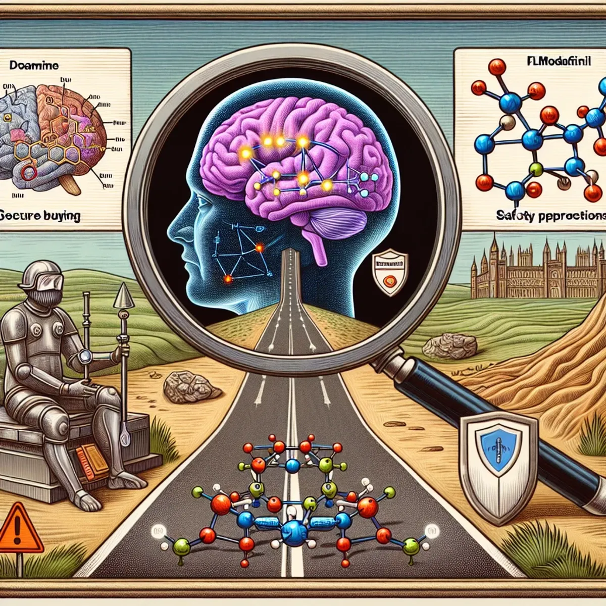 An intricate digital illustration depicts a magnified brain with illuminated dopamine pathways, leading to an online market sphere, scientific molecules representing Flmodafinil and Modafinil, a safety shield indicating precautions, and a futuristic landscape symbolizing potential applications and ongoing research.