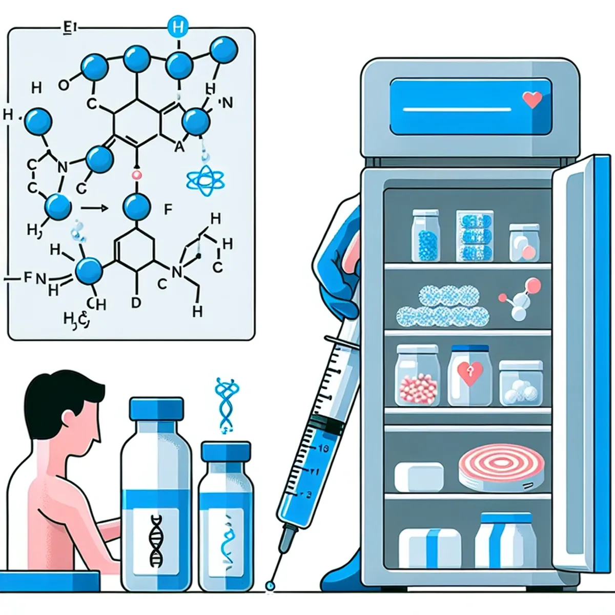 A diagrammatic representation of the molecular structure of Human Growth Hormone, a person preparing a subcutaneous injection, and a vial being placed inside a refrigerator.