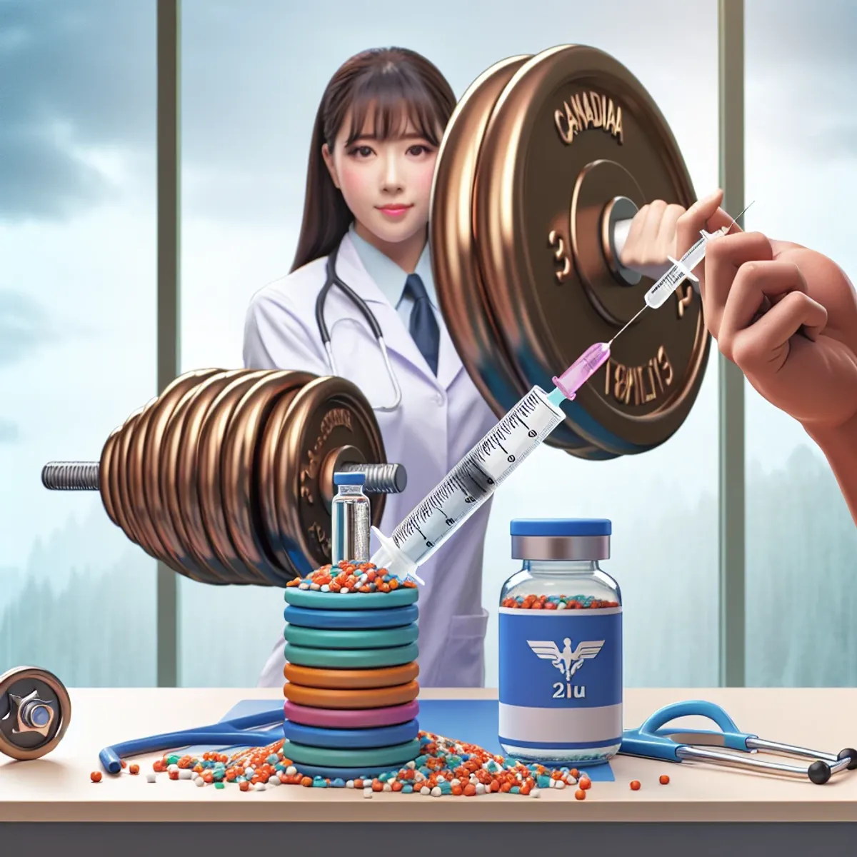 A medical professional administering growth hormone with amino acids on a weight plate.