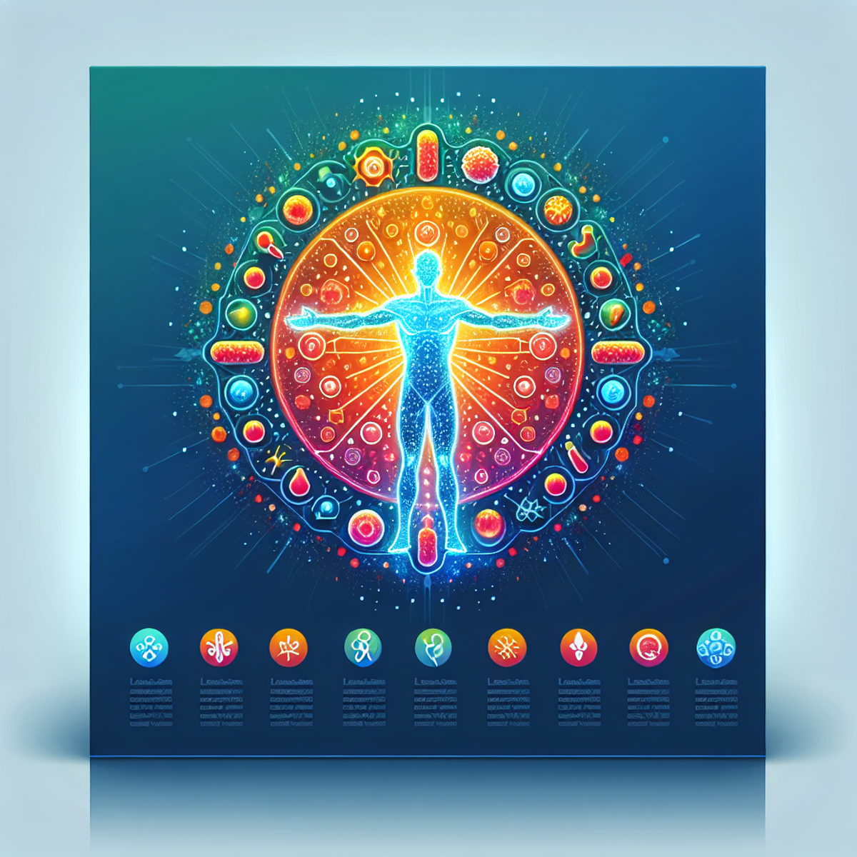A glowing and vibrant illustration of the human immune system, featuring symbols of T-cells, antibodies, and white blood cells.