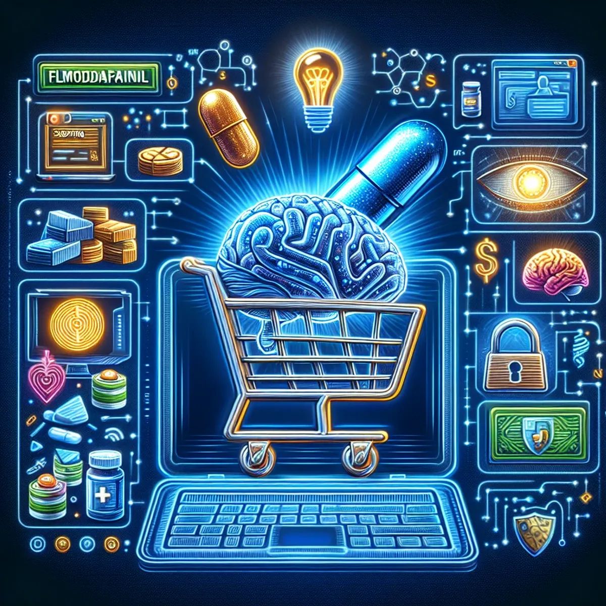 An image of a computer screen displaying a shopping cart with a capsule-like representation of Flmodafinil inside it. There is a brain glowing with energy or light, along with internet symbols and indications of a secured, private transaction. The colors are vibrant and visually engaging.