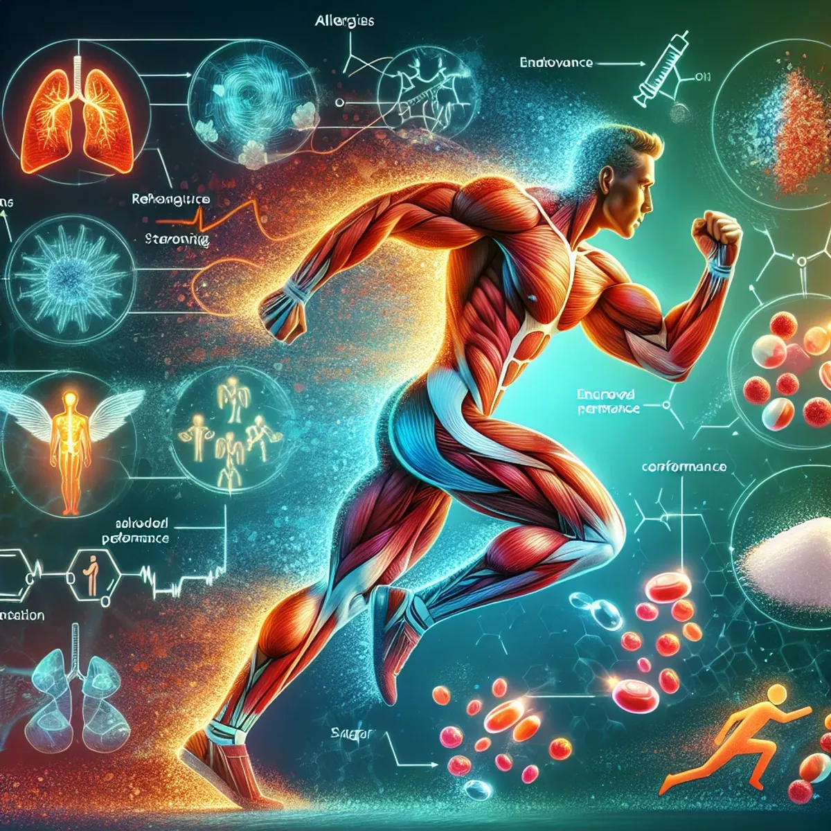 A concept art illustrating the benefits of Human Growth Hormone, including enhanced muscle mass and athletic performance, professional consultation, and potential impacts on allergies and blood sugar.