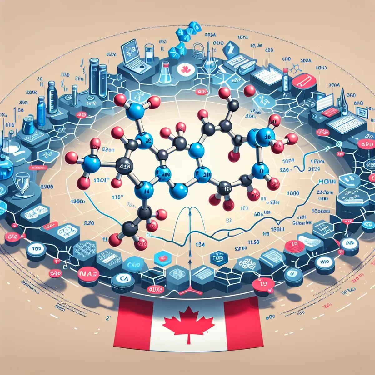 An abstract illustration of the molecular structure of Human Growth Hormone (HGH), with a 22 kDa peptide chain containing 191 amino acids. The image also incorporates scientific imagery related to the 24-hour cycle and subtle Canadian elements in the background.
