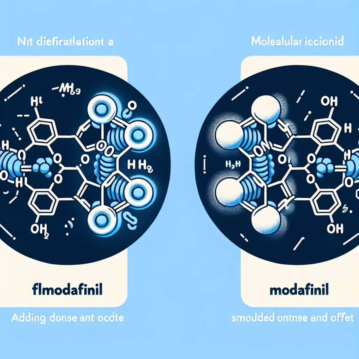 A comparison of molecular structures for Flmodafinil and Modafinil, with smoother lines for Flmodafinil and more abrupt lines for Modafinil.