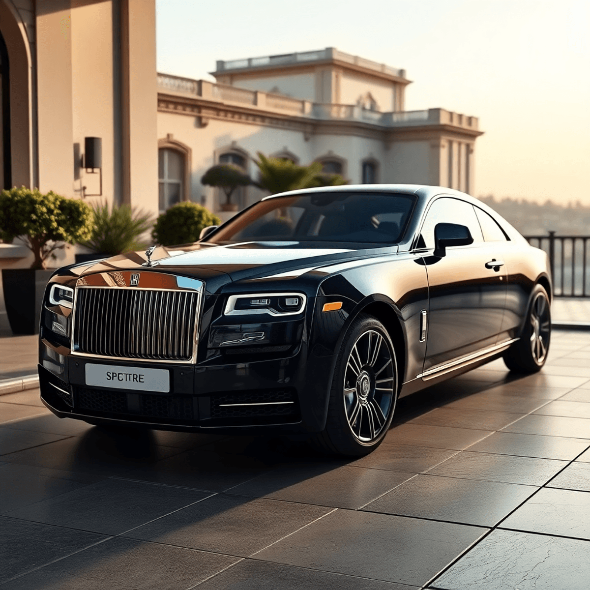 A luxurious electric car parked in an elegant urban setting, showcasing its sleek design and sophisticated features against a backdrop of high-end architecture and landscaped gardens.