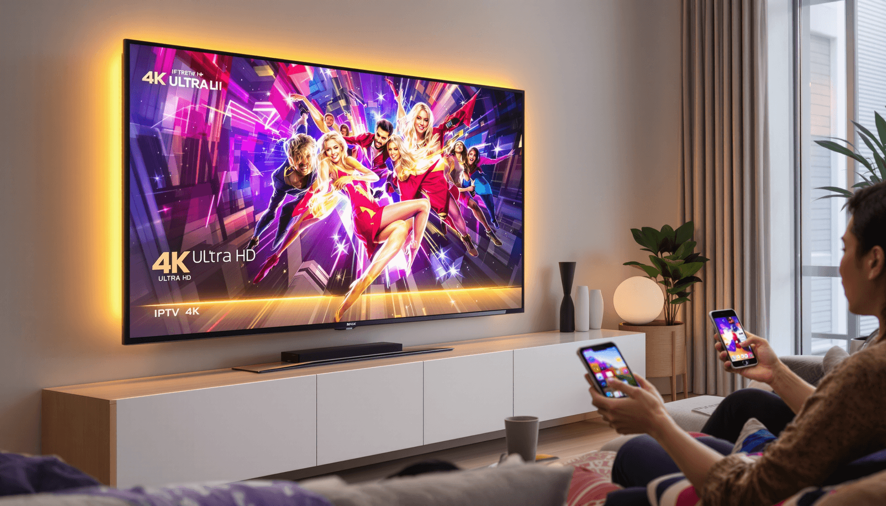 IPTV 4K – Stunning Ultra HD Streaming & Live TV in 2025 1 Modern living room with a large flat-screen TV showing vibrant 4K content, people enjoying streaming on tablets and smartphones, highlighting IPTV 4K technology.