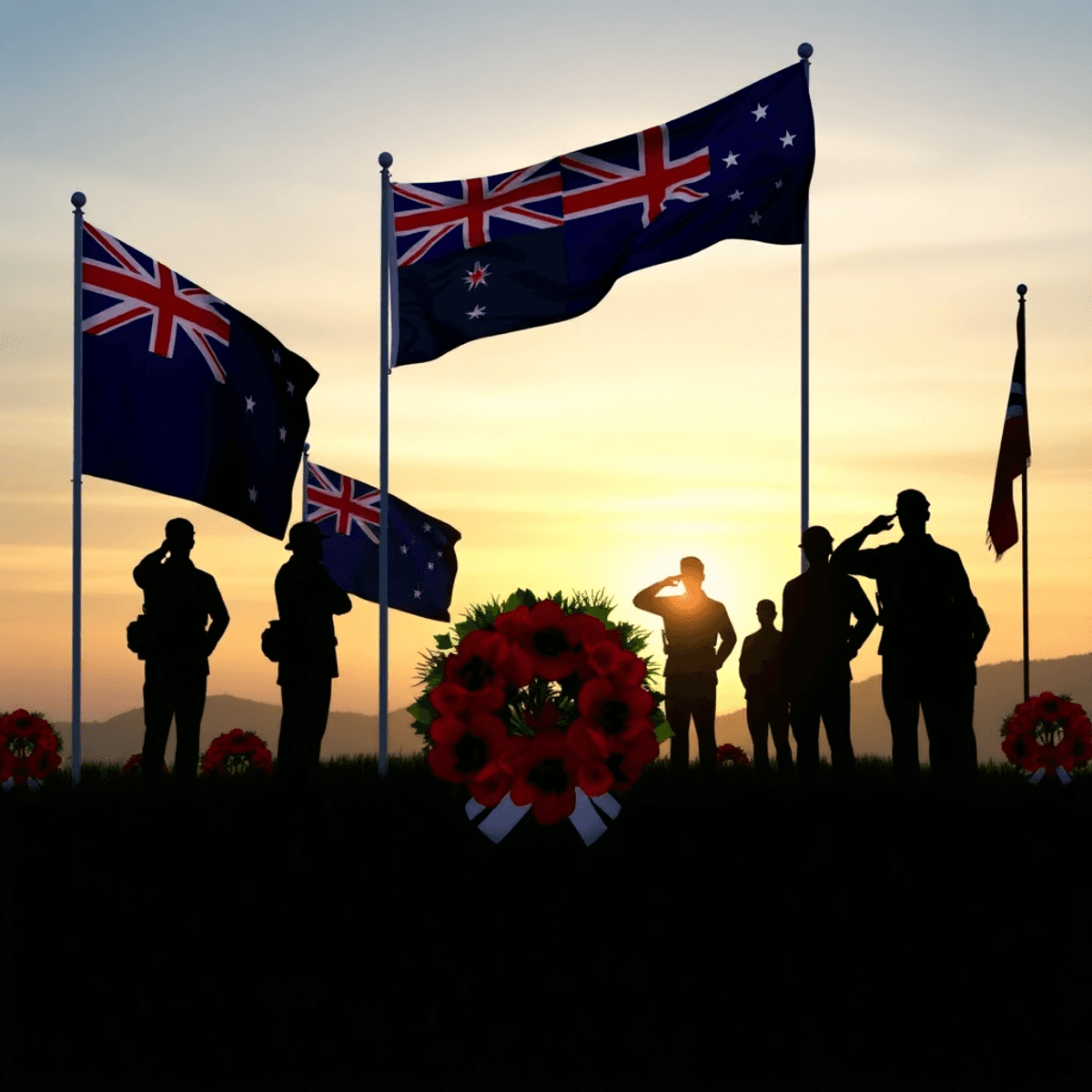 A serene ANZAC Day memorial scene with Australian and New Zealand flags, a wreath of poppies, and silhouettes of soldiers saluting against a peaceful dawn sky.