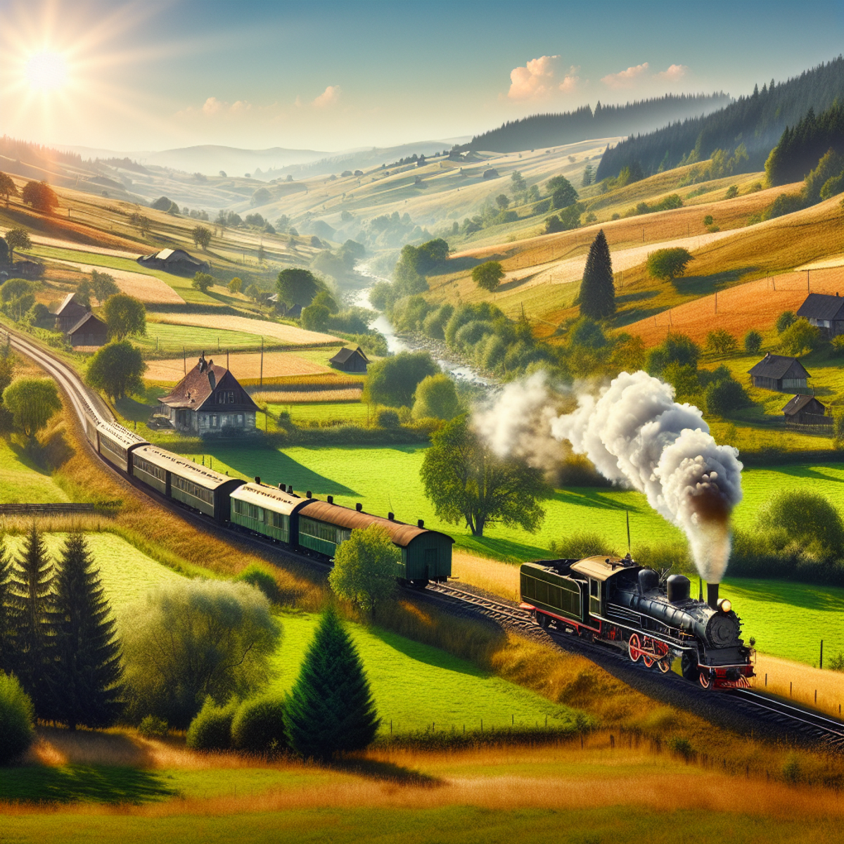 Vintage steam train traveling through picturesque countryside on a sunny day.